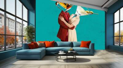 Contemporary art collage of dancing man and woman in retro styled clothes headed by martini and whiskey glases. Concept of art, music, fashion, party, creativity Wall mural