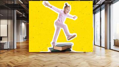 Contemporary art collage of little girl walking over stack of books isolated over yellow background Wall mural