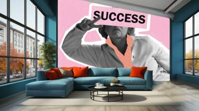 Contemporary art collage of senior woman with text element on eyes isolated over pink background. Success and growth Wall mural