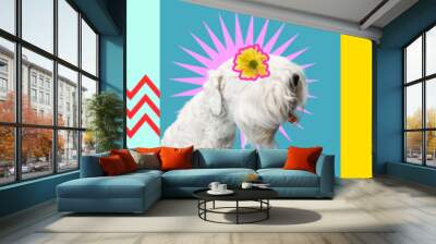 Contemporary art collage with cute purebred dogs and trendy colored backgrounds with geometric styled elements. Wall mural