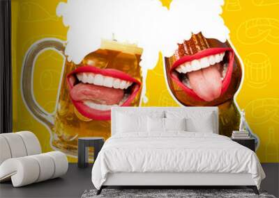 Contemporary art collage with two beer glasses and smilling female lips, mouths. Light, cold beer with white foam. Concept of festival, national traditions, taste, drinks and holidays Wall mural