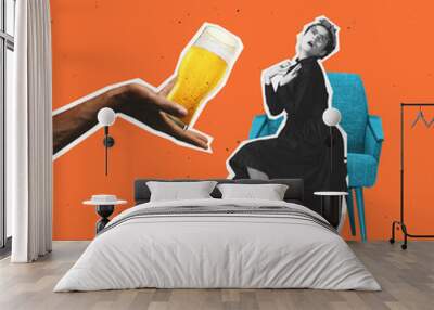 Contemporary art collage with young sitting alone and drinking beer, wine. Concept of festival, national traditions, taste, drinks and holidays. Wall mural