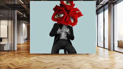 Contemporary art collage with young stylish man headed of red roses with open eyes inside it on blue background. Modern design. Concept of beauty, art, vision, fashion Wall mural