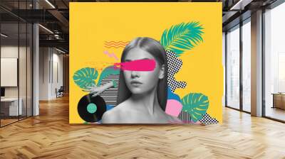 Contemporary art collage. Beautiful young girl posing on abstacrt floral yellow background. Art collage. Bw, green and pink. Copy space for text, ad. Square composition. Wall mural