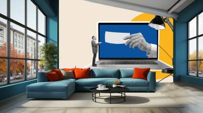 Contemporary art collage. Conceptual design. Businessman standing near laptop screen with male with bank cheque. Credits, money need Wall mural