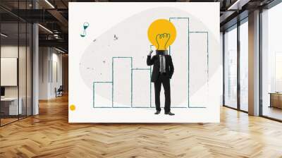 Contemporary art collage. Conceptual design. Employee, businessman with lightbulb head symbolizing new professional ideas and brainstorming. Concept of business, career development, success Wall mural