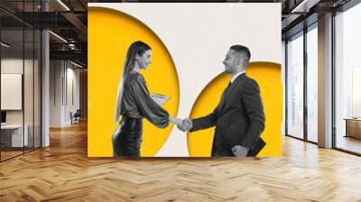 Contemporary art collage. Conceptual design. Professional cooperation. Man and woman, company leaders shaking hands. Deal. Partnership. Concept of business, creativity, imagination, team and growth Wall mural