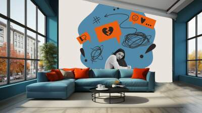 Contemporary art collage. Conceptual image with depressed young woman suffering from social media abuse Wall mural