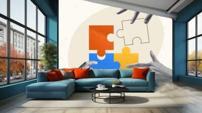 Contemporary art collage. Creative design. Human hands connecting puzzles symbolizing well-coordinated teamwork Wall mural