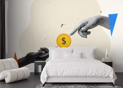 Contemporary art collage. Creative design. Human hands reaching coin symbolizing online financial business. Bitcoin Wall mural