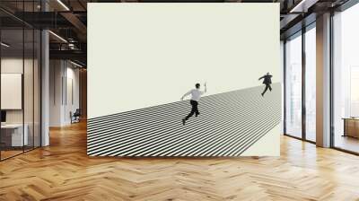 Contemporary art collage. Creative design. Innovative approach. Business people running in direction to abstraction. Surreal artwork. monochrome. Wall mural