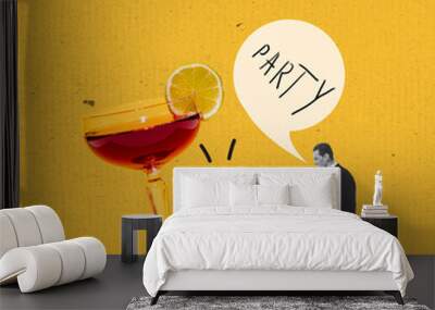 Contemporary art collage. Creative design. Stylish couple, man and woman, dancing tango isolated on yellow background. Party time with cocktails Wall mural