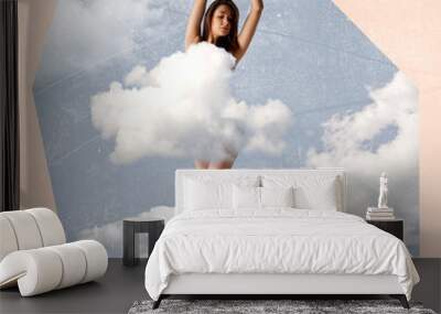 Contemporary art collage. Creative design. Tender young girl covered into cloud and posing. Sensuality and self-care Wall mural