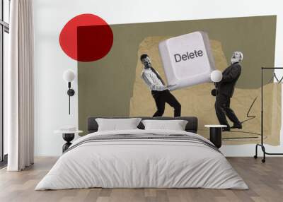 Contemporary art collage. Creative design. Two men, business partners carrying heavy keyboard button of delete. Overcoming difficulties. Business, symbolism, modern technologies, imagination concept Wall mural