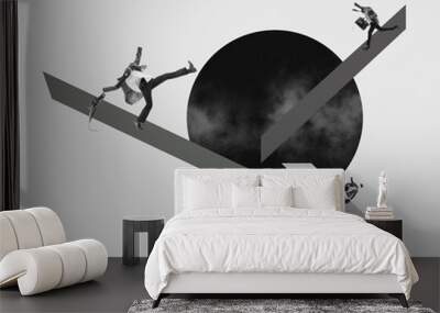 Contemporary art collage. Creative design. Working challenges. Business people balancing, reaching success. Surreal artwork. monochrome. Wall mural