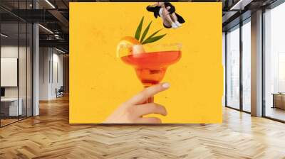 Contemporary art collage. Funny looking young woman jumping into delicious cocktail isolated over yellow background Wall mural