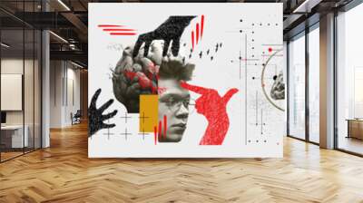 Contemporary art collage. Human mind and cognitive processes through abstract and surreal visuals. Human heads, brains, and surreal elements. Psychology, mental health. health care, awareness concept Wall mural