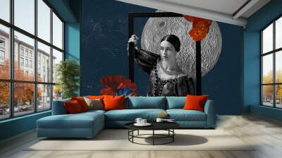 Contemporary art collage. Idea, inspiration, aspiration and creativity. Model like medieval royalty person in vintage clothing. Concept of comparison of eras, artwork. Wall mural