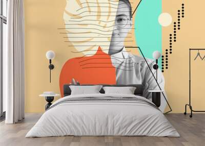 contemporary art collage. line art. beautiful young girl looking at camera isolated on geometric lig Wall mural