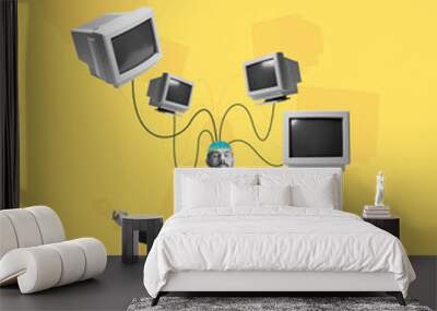 Contemporary art collage. Man, businessman's brain charge by means of energy of retro computers on yellow background. Concept of technology, ai Wall mural