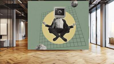 Contemporary art collage. Man, businessman in suit headed with retro computer sitting in yoga lotus pose isolated over abstract background Wall mural