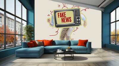 Contemporary art collage. Man with retro TV set head dancing, spreading fake news isolated over grey background Wall mural