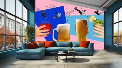 Contemporary art collage. Young people jumping into alcohol cocktails and beer glasses isolated over pink and blue background Wall mural