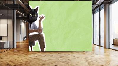 Contemporary artwork, conceptual collage. Man headed by cat head sitting in armchair. Trendy colors. Wall mural