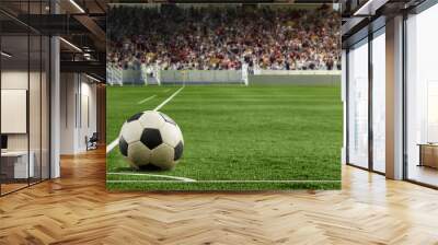 Corner kick. Soccer football ball lying on grass of football field at crowded stadium. Concept of sport, world championship Wall mural