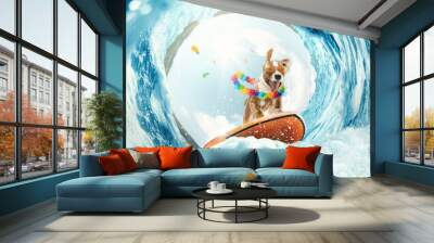 Creative art collage with funny beagle dog surfing on huge wave in ocean or sea on summer vacation with modern sunglasses and flower chain. Concept of rest, sport, adventures Wall mural