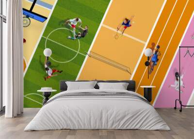 Creative colorful collage. Aerial view on athletes of different sports training, competing on different sports backgrounds, arenas. Concept of sport, creativity, competition, tournament. Wall mural