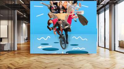 Creative group. Team, employees riding bike together over blue background. Ideas, brainstorming, imagination. Contemporary art collage. Business, office, career development, success and gorwth concept Wall mural