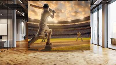 Creative image depicting man, cricket athlete in white uniform and helmet in motion during match, hitting ball with bat. Sunset sky Wall mural