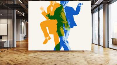 Creative mix of classical dance and modern street style, male dancer in formal attire alongside casual breakdancer. Contemporary art collage. Dance styles, performance concept. Double exposure effect Wall mural