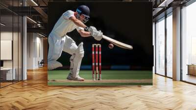 Cricket player in white uniform in motion, playing, hitting ball with bat on cricket field. Wall mural