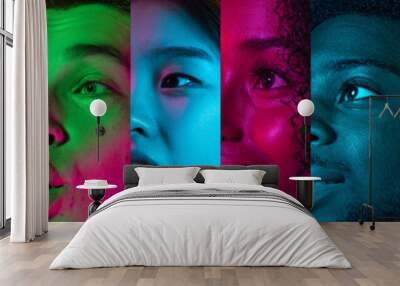 Cropped portraits of group of people on multicolored background in neon light. Collage made of 6 models Wall mural