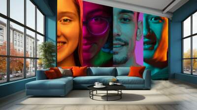 Cropped portraits of group of people on multicolored background in neon light. Collage made of 7 models Wall mural