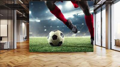 Cropped. Young male soccer or football player kicking ball during match at the stadium in flashlights, spotlights. Concept of professional sport, motion, movement. 3D render. Flyer for ad. Wall mural