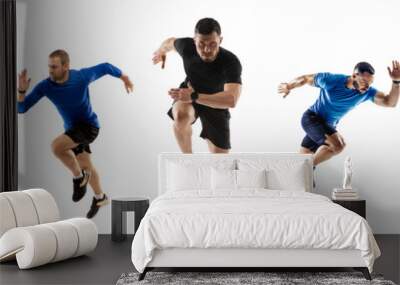 Development of motions of young athletic fit men and women in action isolated over white background. Flyer. Wall mural