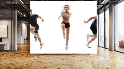 Development of motions of young athletic fit men and women in action isolated over white background. Flyer. Wall mural