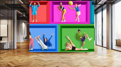 Different young people, men and women in stylish clothes training, doing different types of sport. Contemporary art collage. Concept of active, sportive lifestyle, fashion, emotions, youth Wall mural