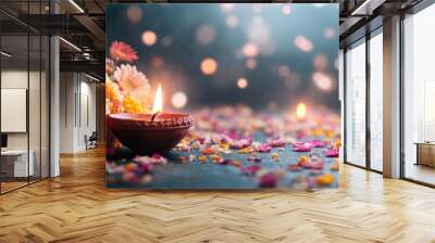 Diwali with a lit diya candle, surrounded by vibrant flowers and petals, symbolizing the triumph of light over darkness. Greeting card design template Wall mural