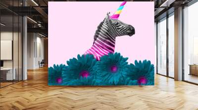 Dreaming about being better. An alternative zebra like a unicorn in blue flowers on pink background. Negative space. Modern design. Contemporary art. Creative conceptual and colorful collage. Wall mural