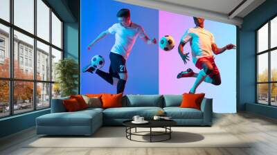 Dribbling the ball. Collage with dynamic portraits of professional male soccer players in motion over colorful background in neon light. Sport, championship, Wall mural