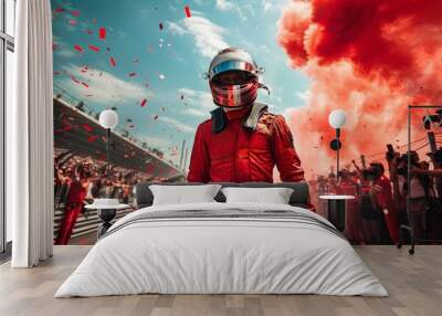 Driver in red celebrating with trophy, confetti, cheering crowd in the background. Formula one racing event Wall mural