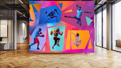 Dynamic creative collage made with different athletes, men and women training different kind of sport onmulticolored background in neon. Concept of professional sport, competition, championship, game Wall mural