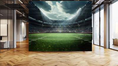 Dynamic Stadium. Large, modern stadium filled with enthusiastic fans, green football field under dramatic sky, lit by stadium lights. 3D render. Concept of sport, event, tournament, game, championship Wall mural