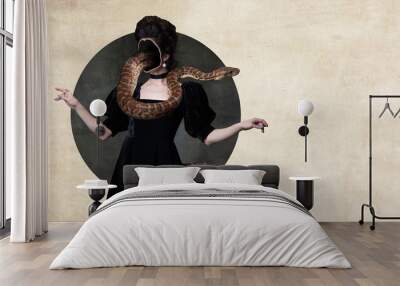 Elegant faceless woman in black dress with snake over her body. Magic, spiritual person. Contemporary artwork. Concept of Halloween, party, celebration, surrealism, imagination, fantasy. Poster, ad Wall mural