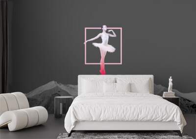 Elegant young girl, ballerina in tutu dancing over monochrome mountain background with abstract design element. Contemporary art collage. Concept of classical dance, abstract art, surrealism Wall mural