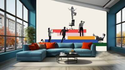 Employees on multicolored blocks depicting various work-related postures and expressions. Contemporary art collage. Corporate hierarchy and career progression. Business, ambitions, promotion concept Wall mural